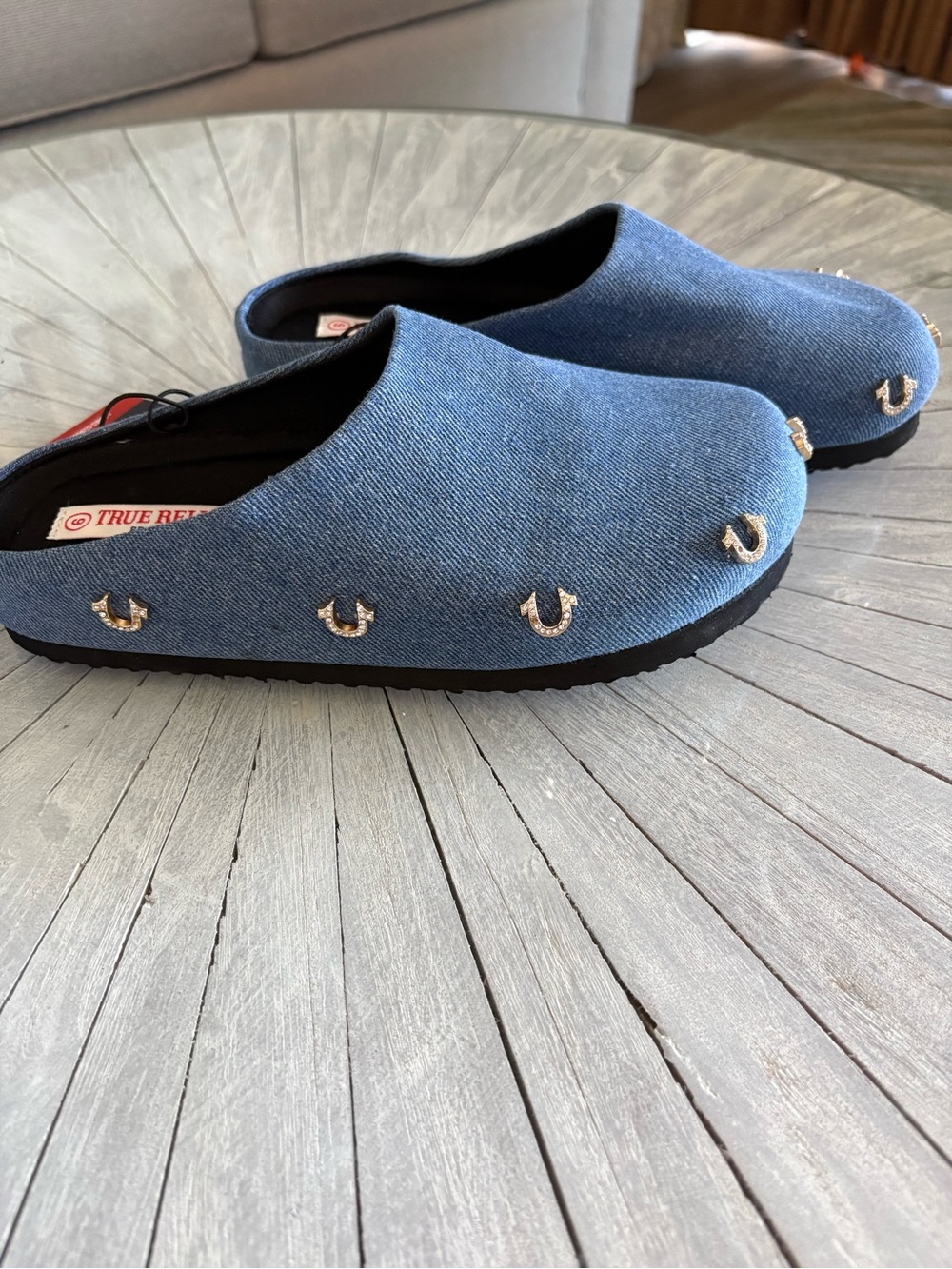 True Religion Denim Blue Slip-On Loafers with Metallic Horsebit Accents